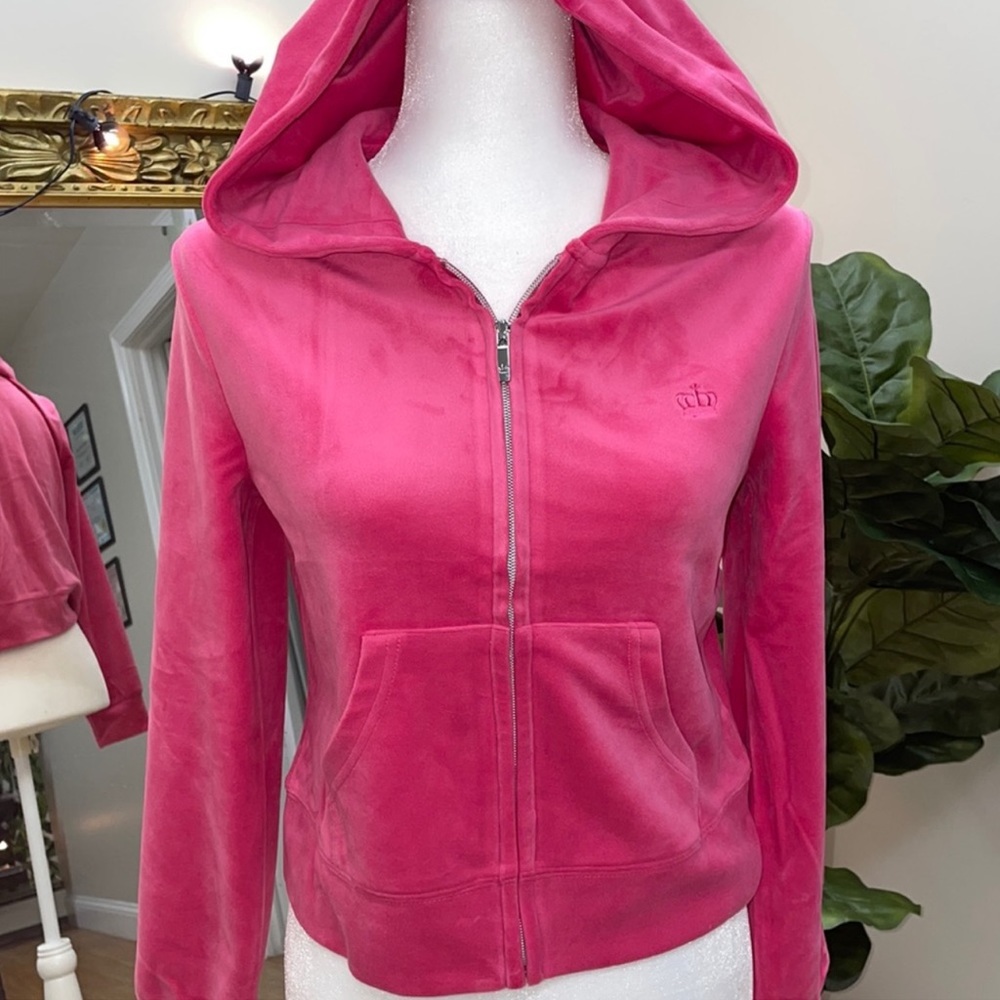 Juicy Couture Pink Velour Tracksuit zip up hoodie, bootcut pant, large